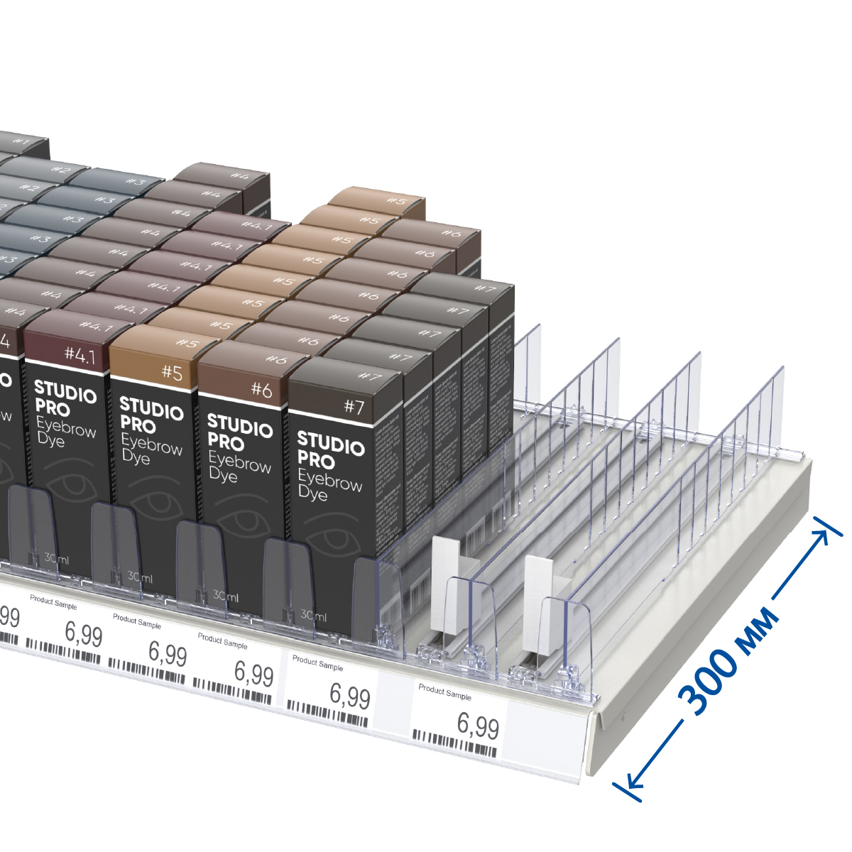Комплект для выкладки узких товаров для полки глубиной 300 мм. 
