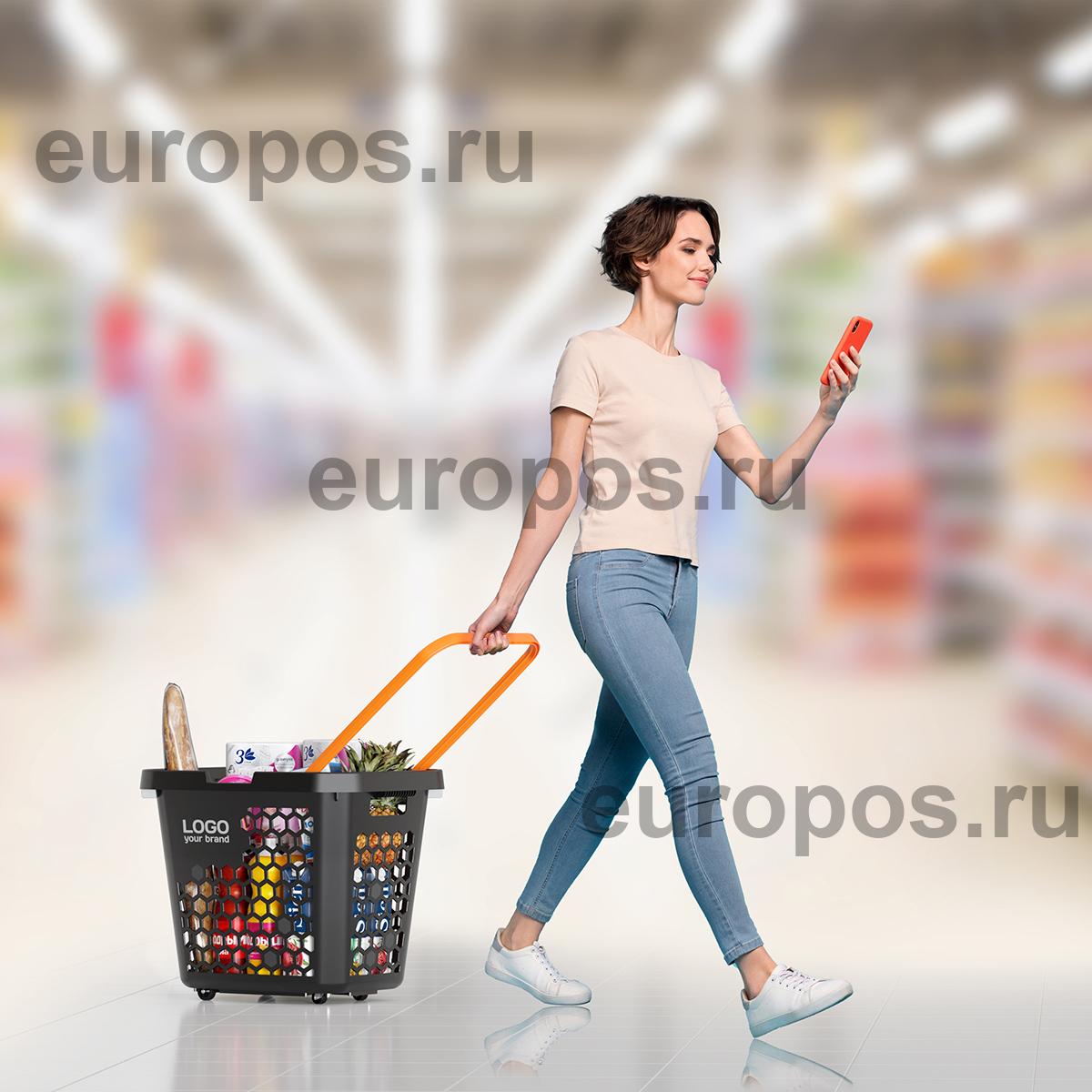 Корзина-тележка пластиковая TECHNO XL, 80 литров, черная, ручка оранжевая