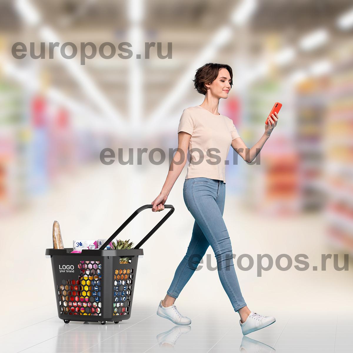 Корзина-тележка пластиковая TECHNO XL, 80 литров, черная, ручка черная