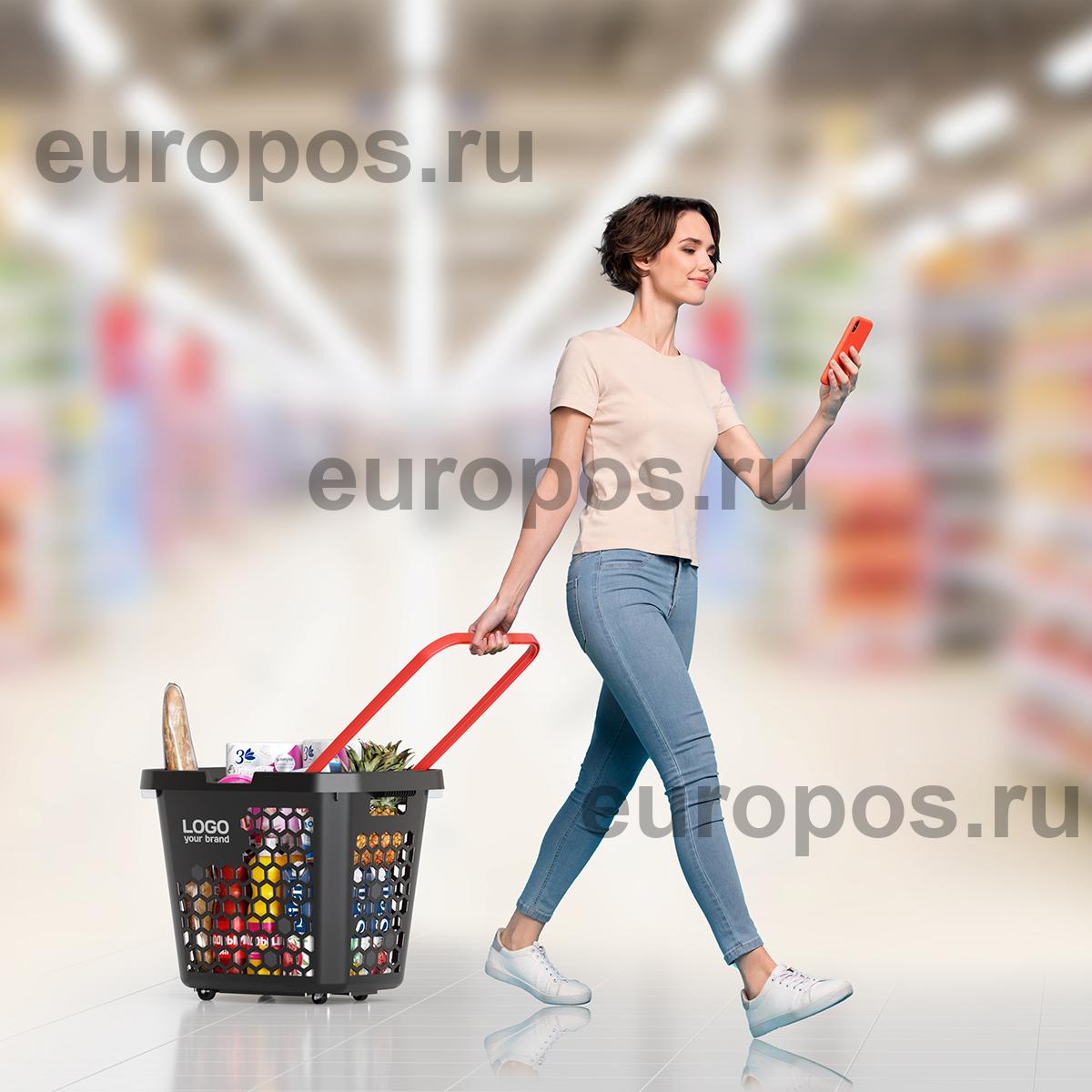 Корзина-тележка пластиковая TECHNO XL, 80 литров, черная, ручка красная