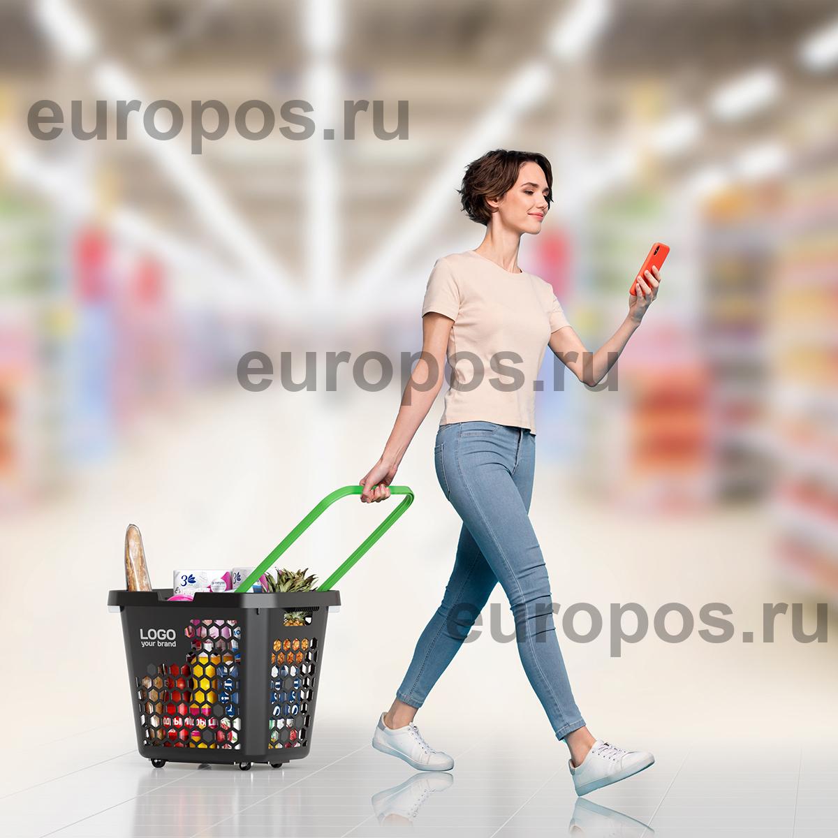 Корзина-тележка пластиковая TECHNO XL, 80 литров, черная, ручка салатовая